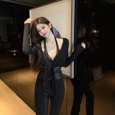 FAY【黑藤缠腰】御姐气质型时髦蕾丝假两件开衫上衣