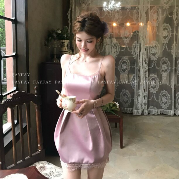 FAY【葡萄冰沙】优雅收腰显瘦睫毛蕾丝吊带花苞短裙连衣裙