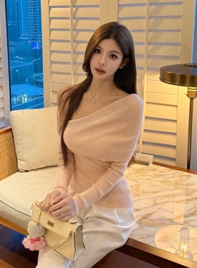 FAY【梦幻星河】斜肩渐变烫钻针织秋冬修身显瘦长袖针织上衣