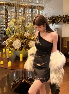 FAY【墨叠】斜肩蕾丝拼接轻奢气质优雅名媛连衣裙