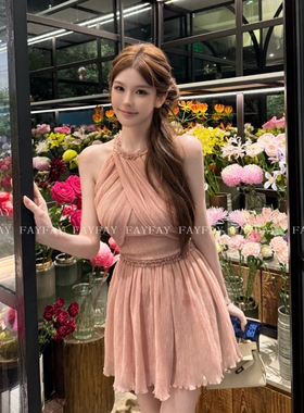 FAY【粉糯褶皱】重工压褶皱仙女减龄木耳边连衣裙
