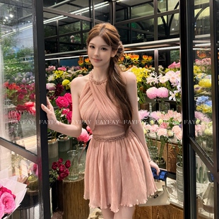 FAY【粉糯褶皱】重工压褶皱仙女减龄木耳边连衣裙