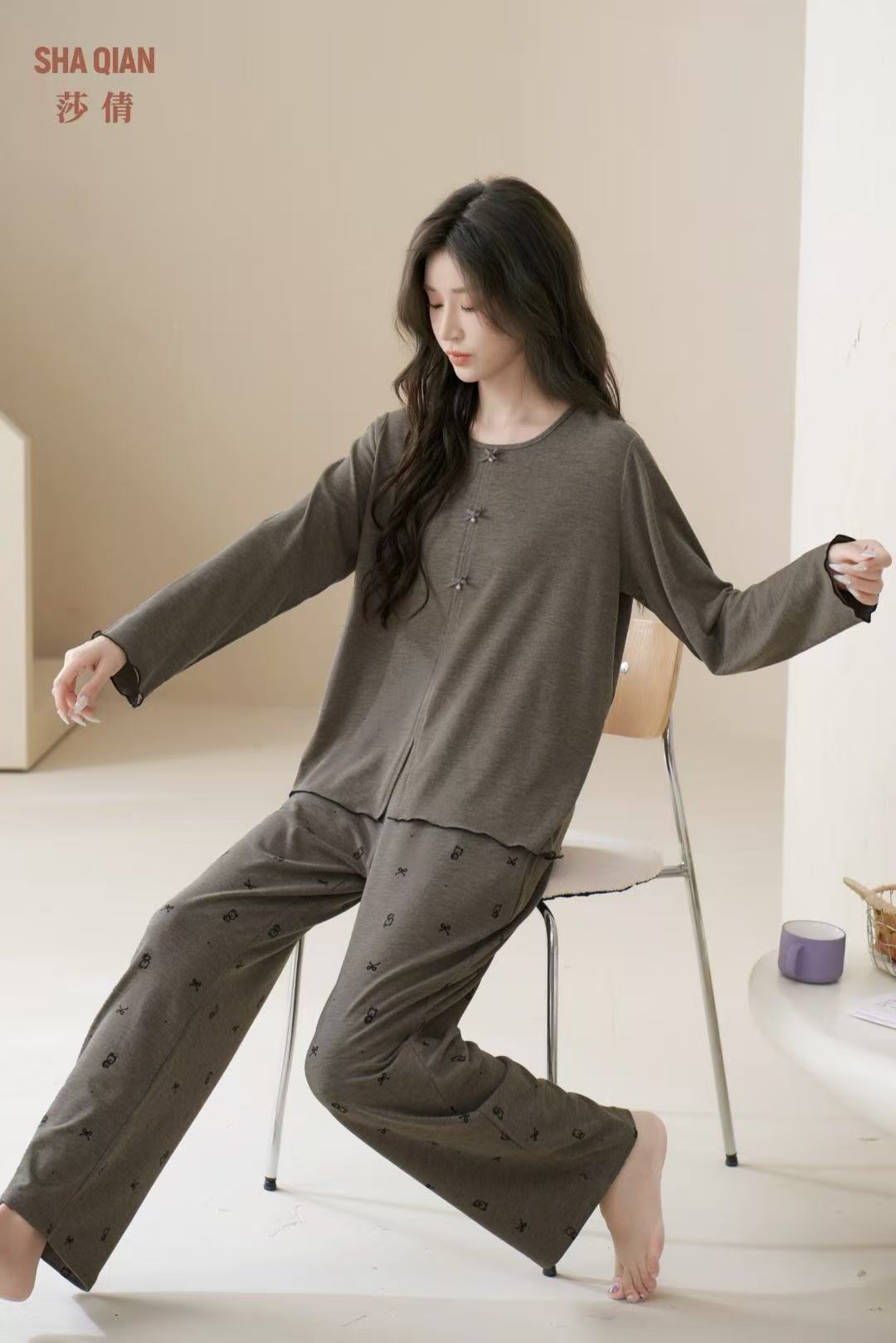 莎倩睡衣2025秋冬新款 女奶芙棉纯棉套头睡衣家居服套装