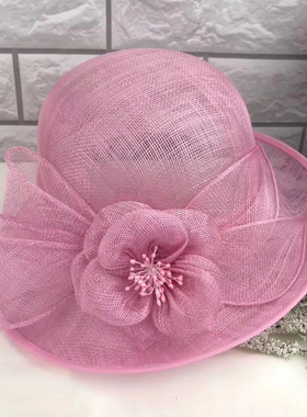 英伦复古端帽子女夏天优雅花朵亚麻纱帽遮阳帽复古宽檐卷边礼帽