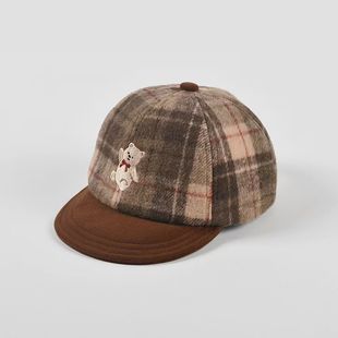 宝宝秋冬呢料软檐鸭舌帽男女童加厚保暖棒球帽可爱刺绣格子遮阳帽