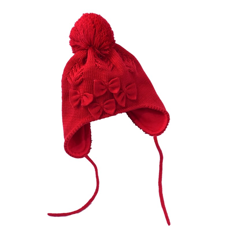 秋冬女宝宝针织帽子女童新年红色蝴蝶结护耳帽棉布里衬公主棉线帽