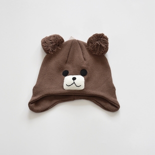 秋冬儿童针织帽子宝宝纯棉薄款护耳帽男童双层棉线卡通熊针织帽子