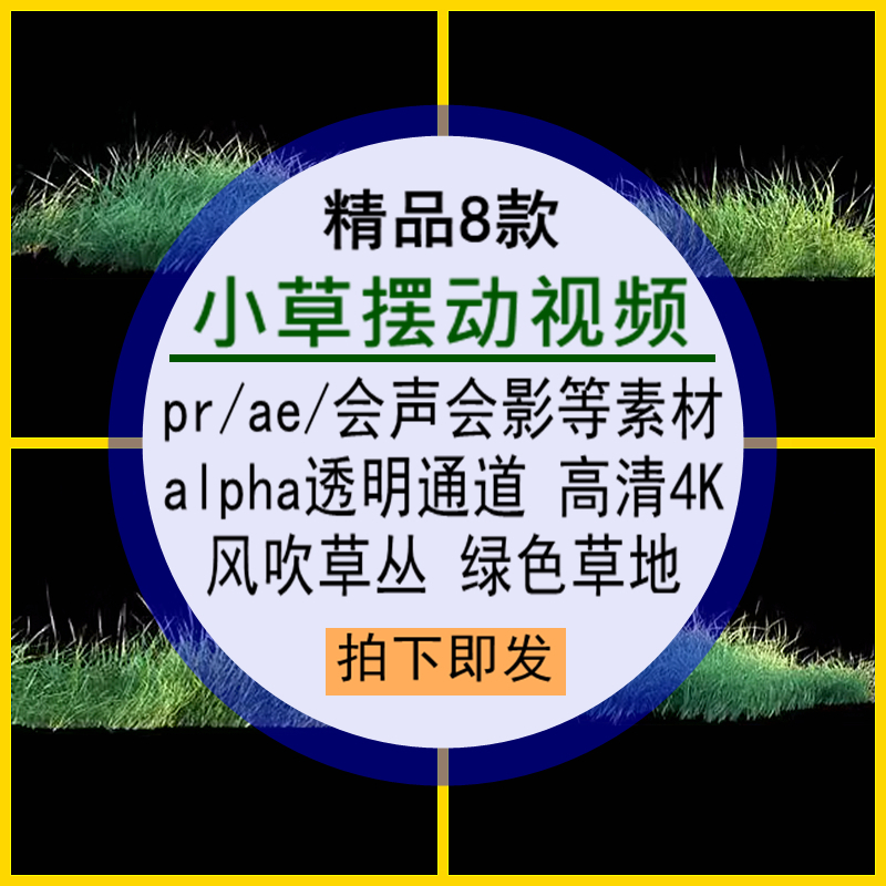 小草摆动视频pr_ae会声会影素材风吹绿色草地草丛alpha透明通道4K