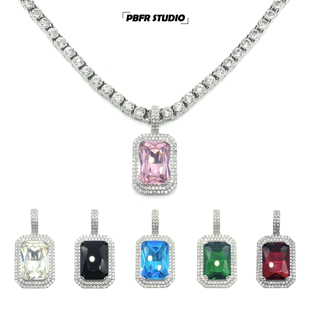 方形宝石项链男女欧美嘻哈满钻锆石吊坠百搭水晶古巴镶钻网球链