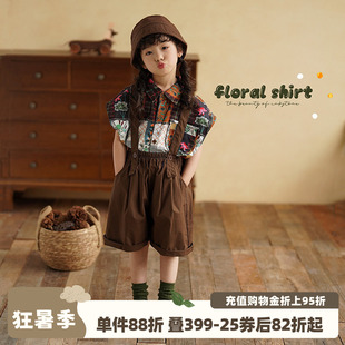 砚台家童装女童花衬衫儿童夏装港风复古纯棉薄款衬衣女宝短袖上衣