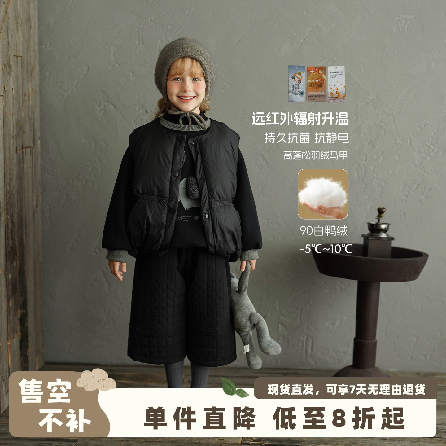 砚台家女童90白鸭绒羽绒马甲冬装新款宝宝加厚保暖黑色面包服外套