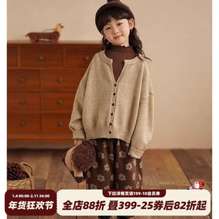 砚台家女童针织毛衣外套套装冬装新款宝宝加绒一体绒直筒裤两件套