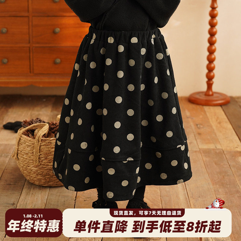 砚台家童装复古森系儿童灯芯绒波点半身裙女童拼接长裙秋冬装黑色,童装/婴儿装/亲子装,半身裙,淘宝优惠券,粉丝福利购,淘宝优惠卷