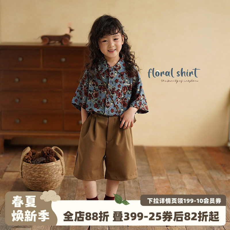 砚台家童装女童复古港风花衬衫夏季新款儿童轻薄短袖衬衣宝宝上衣