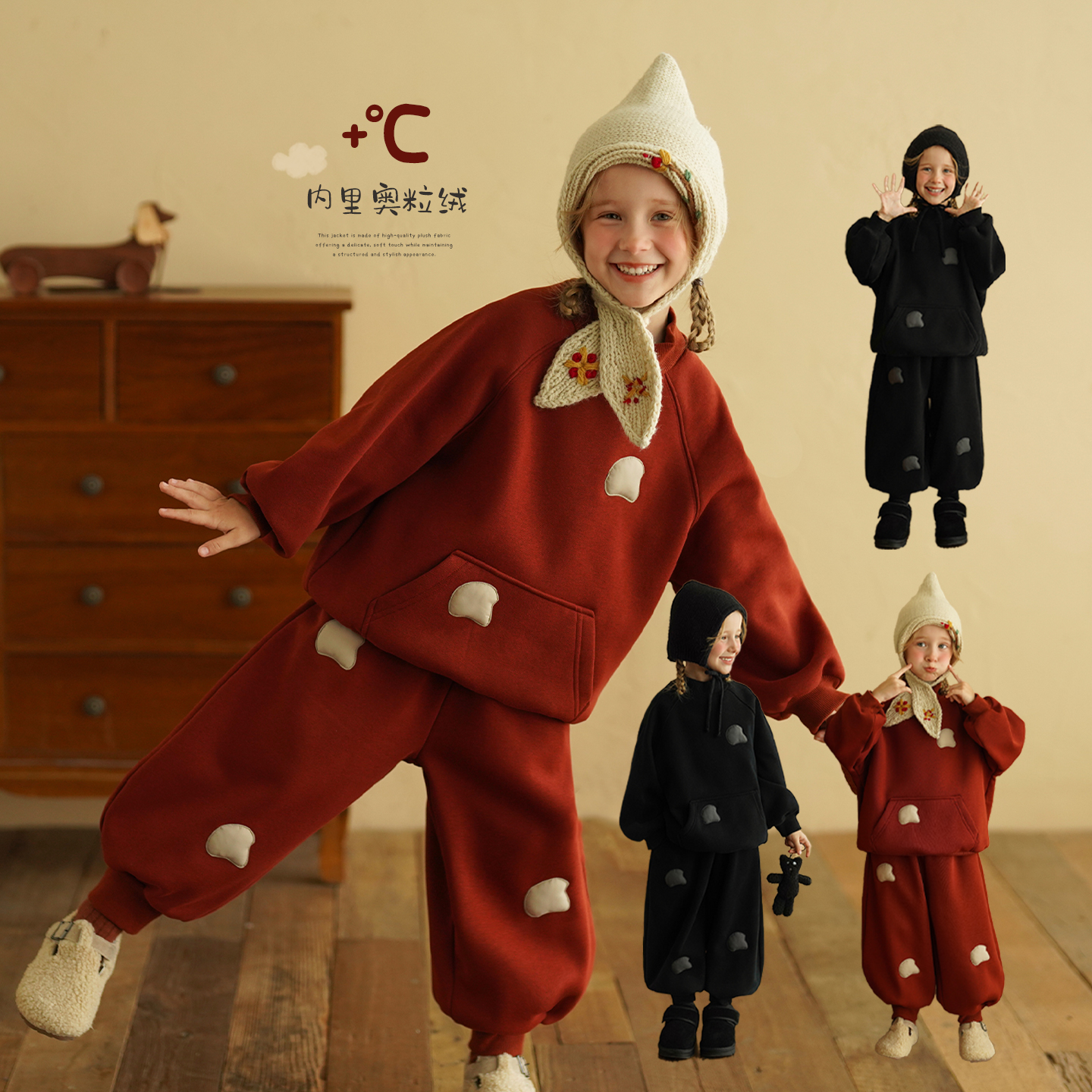 砚台家童装女童保暖卫衣一体绒冬季新款儿童加厚加绒长袖红色上衣