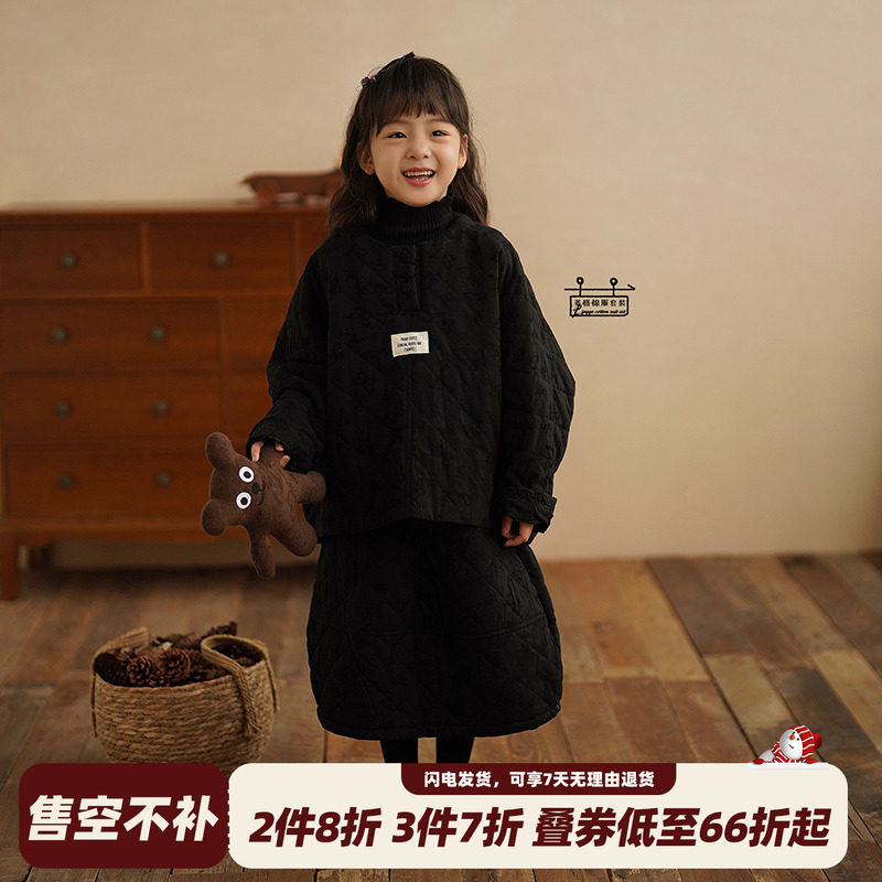 砚台家童装韩范儿童棉服套装女童套头上衣半身裙两件套黑色秋冬款