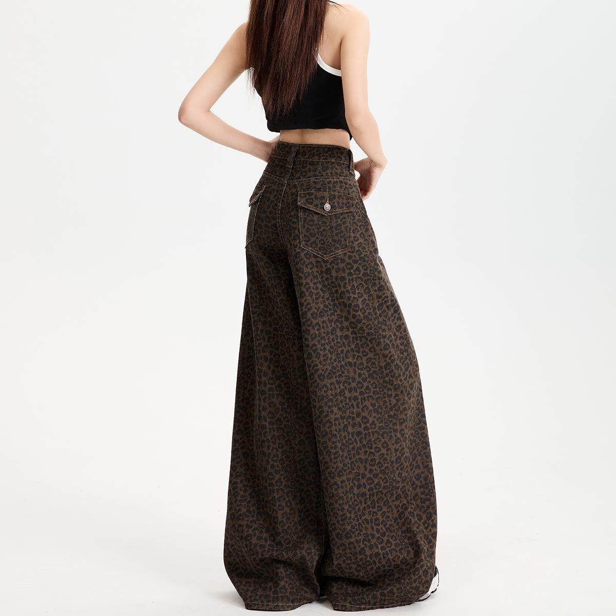 美式高街豹纹阔腿牛仔裤女秋季棕色2025新款复古宽松弯刀直筒裤子