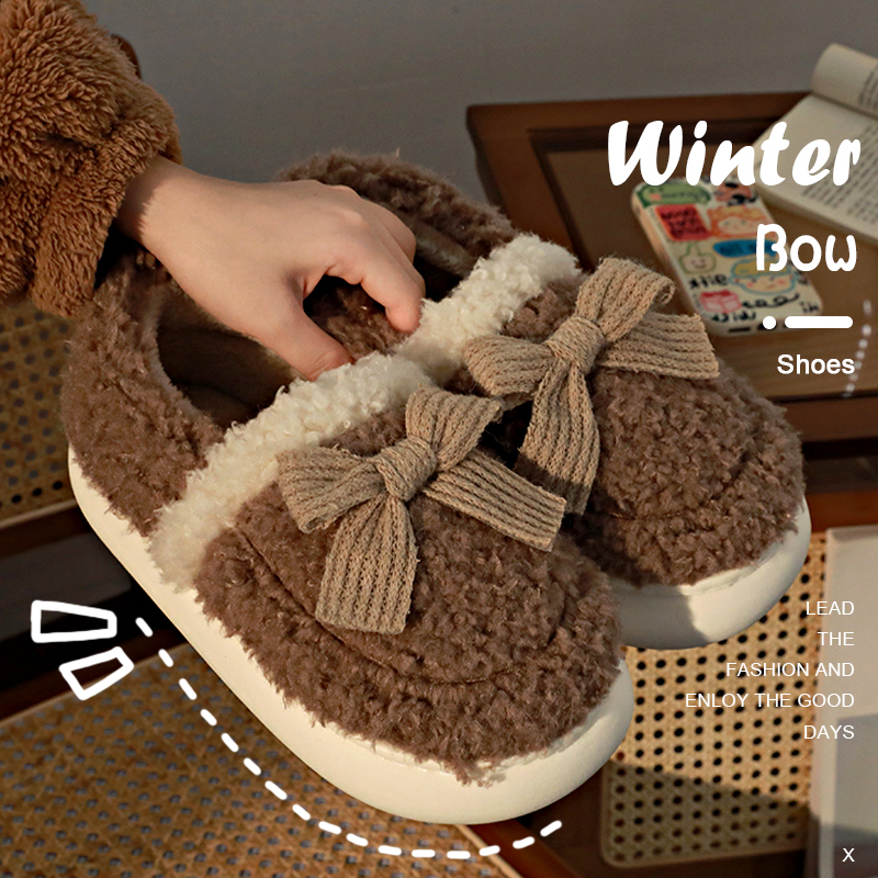 蝴蝶结棉拖鞋保暖包跟复古