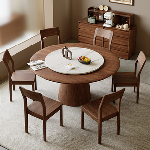 黑胡桃木餐桌圆形中古风实木餐桌椅现代高端简约客厅饭桌小圆桌