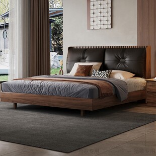 黑胡桃木实木软包床现代简约家用双人床2025新款主卧悬浮软包婚床