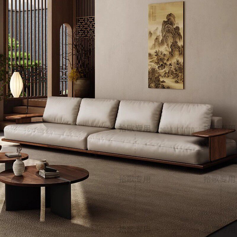 黑胡桃木实木沙发小户型现代简约极简真皮家用客厅直排2025新款