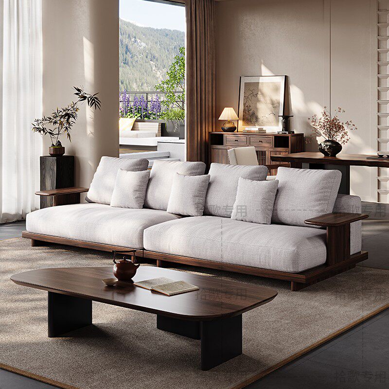 黑胡桃木实木沙发小户型现代简约极简真皮家用客厅直排2025新款