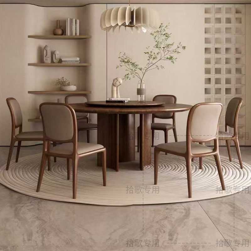 黑胡桃木实木餐桌椅组合现代简约家用高端圆形圆桌带转盘轻奢饭桌,住宅家具,实木餐桌,淘宝优惠券,粉丝福利购,淘宝优惠卷
