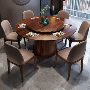 乌金木实木餐桌新中式圆形带转盘全实木圆餐桌2m米木质吃饭桌12人