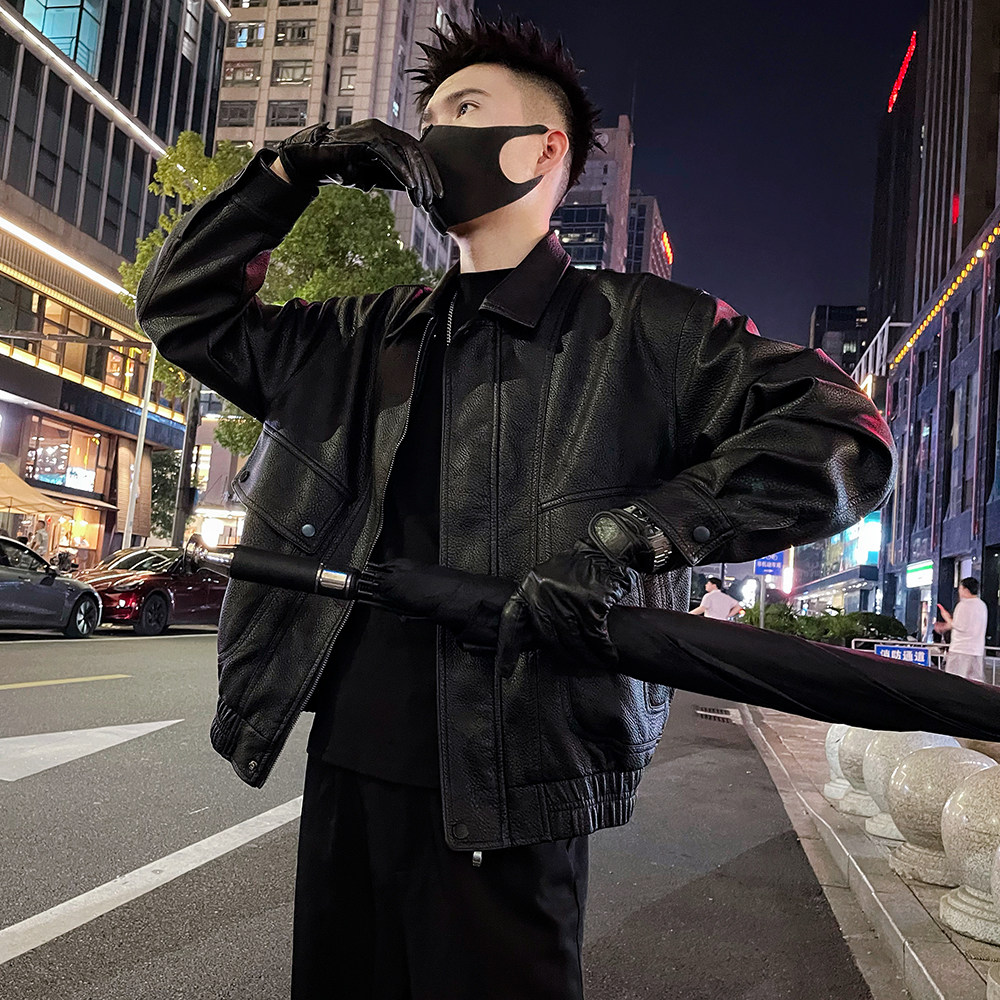 翻领外套男皮衣夹克修身