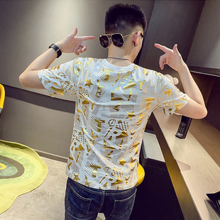 t恤2023夏季 半截袖 烫金上衣短袖 潮流个性 网红ins体恤 半袖 潮牌男士