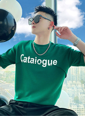 绿色短袖t恤设计感男士ins潮牌痞帅半截袖2023夏季潮流休闲体恤衫