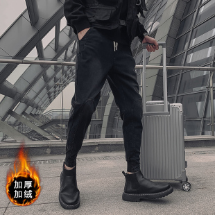 2023新款潮流男士牛仔裤精神小伙秋冬加绒加厚小脚裤保暖裤子束腿