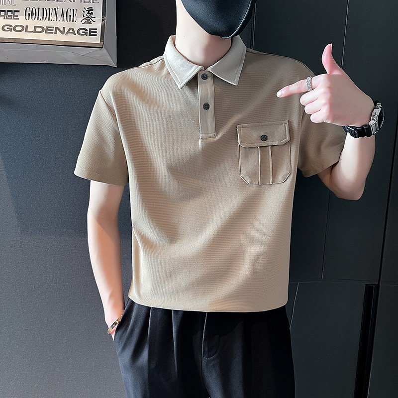 高级感POLO衫男装夏季短袖T恤轻奢纯色有领子体恤带口袋帅气上衣