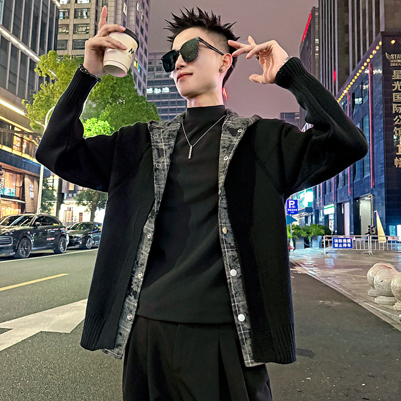 假两件连帽开衫男春秋季高级感男装上衣褂子潮流2025新款针织外套