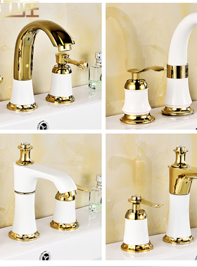 柏焱卫庄 三孔面盆水龙头 欧式金色三件套分体双把双控冷热水龙头