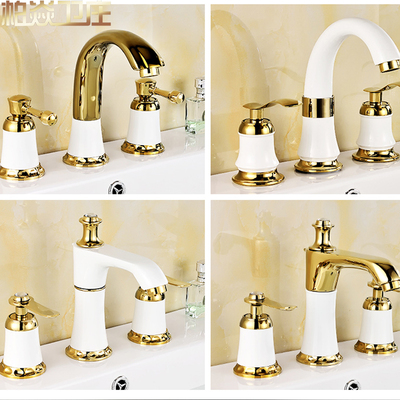 柏焱卫庄 三孔面盆水龙头 欧式金色三件套两件式双把双切冷热水龙