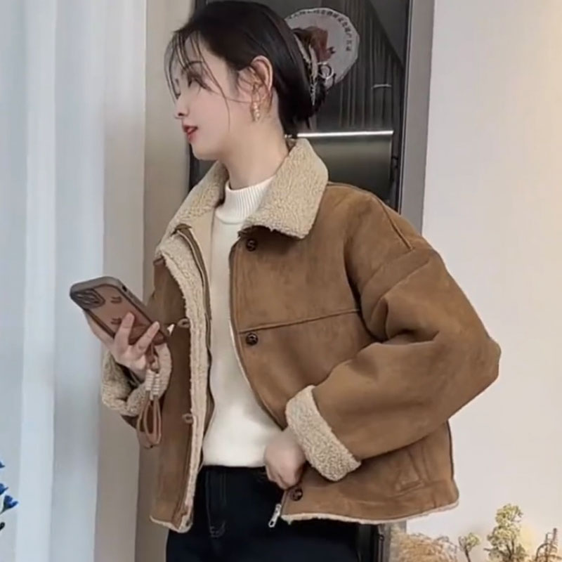 美式洋气加厚保暖毛毛翻领短外套