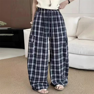 女抽绳松紧腰口袋直筒长裤 宽松阔腿格子休闲裤 洋气潮 新款 2025夏季