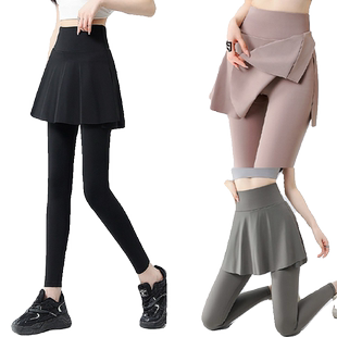 鲨鱼裤女2025新款春秋季薄紧身弹力运动健美跑步休闲裤假两件裙裤