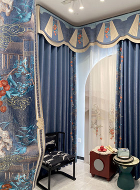 古典新中式风格窗帘蓝色米色荔枝图案高档客厅卧室落地窗定制款