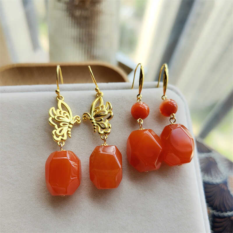 耳环天然南红瓦西料火焰纹