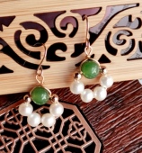 和田玉碧玉天然珍珠耳环进口14K包金耳钩百搭小清新显肤白气质款