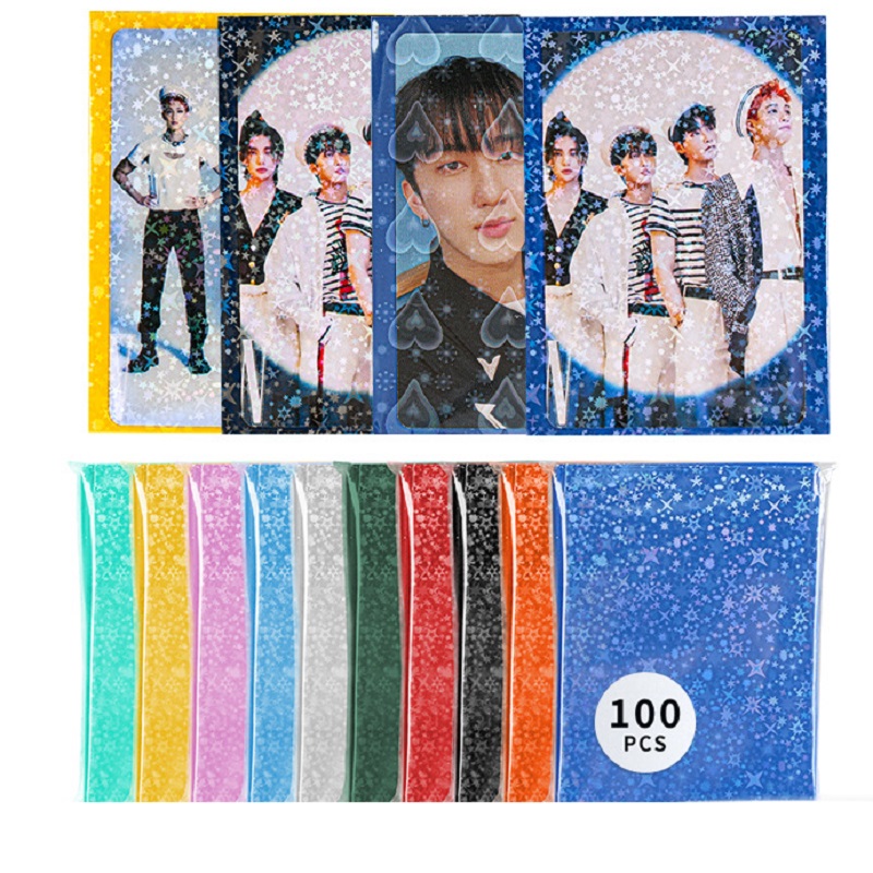 100张红黄蓝绿彩色满天星星镭射闪卡套卡膜收藏游戏牌套外胆66x91