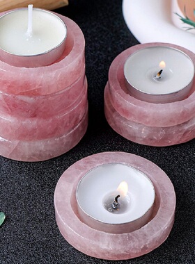 天然粉水晶原石手镯心烛台摆件粉晶圆形家居酒店香薰蜡烛装饰