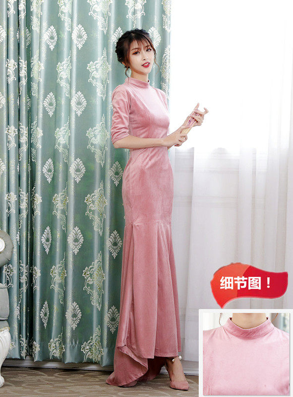 20213春秋冬三季旗袍连衣裙鱼尾礼服丽丝绒拖地鱼尾加厚大码修身