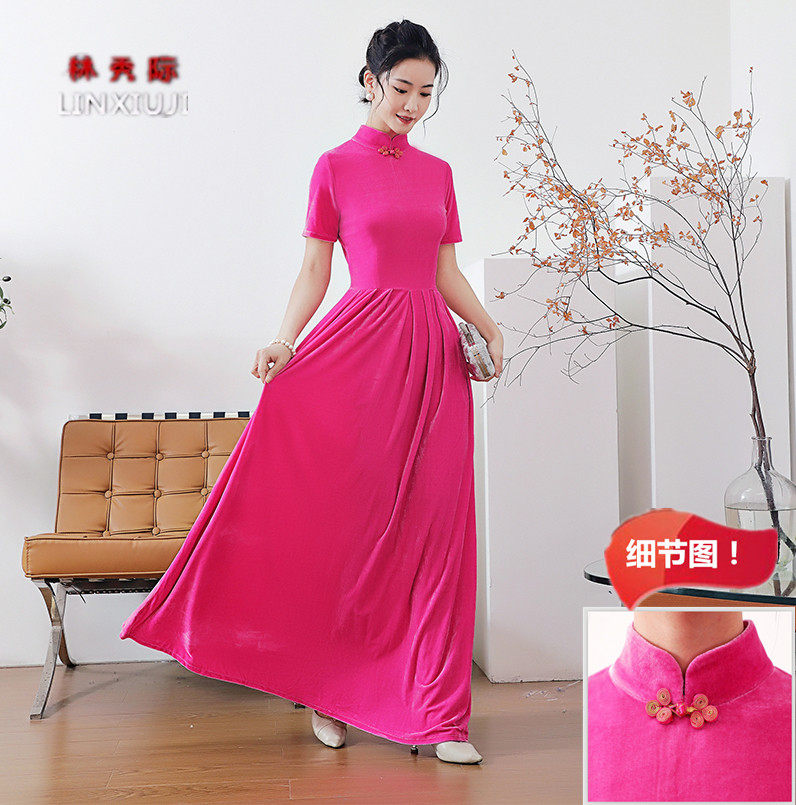 2022春秋金丝绒连衣裙长款大摆演出日常长裙大弹力大码复古旗袍裙