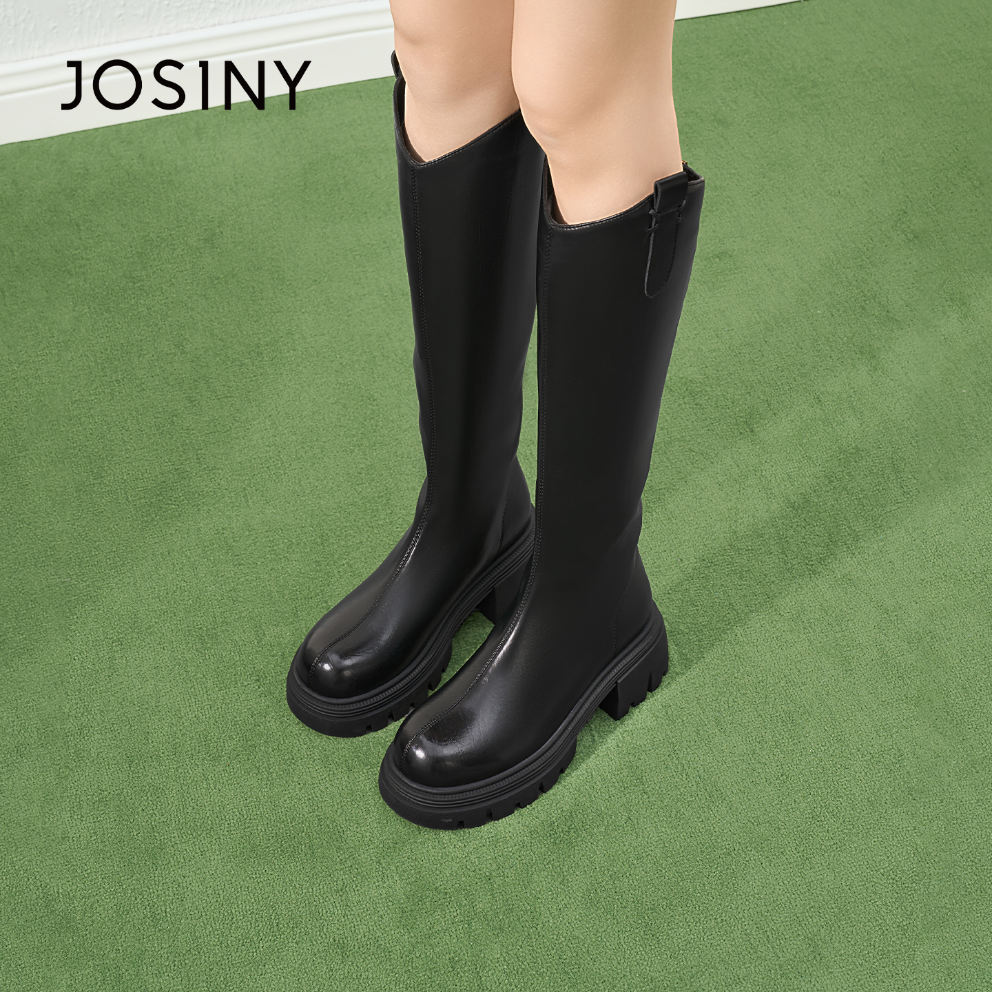 卓诗尼25冬季新款长筒靴女鞋时尚休闲后拉链粗跟高跟靴鞋百搭显瘦