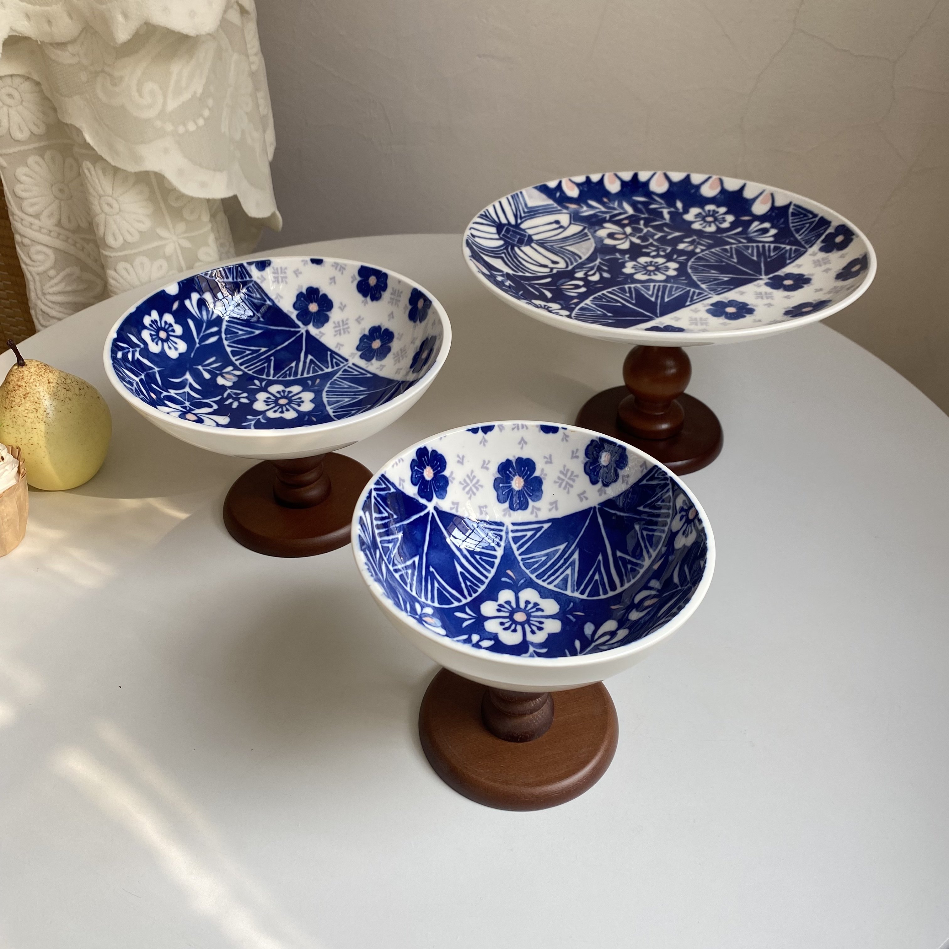 大厂订单复古 高颜值陶瓷高脚果盘实木釉下彩水果碗干果碗零食盘,餐饮具,果盆/果盘/果篮,淘宝优惠券,粉丝福利购,淘宝优惠卷