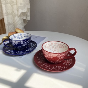 尾货微瑕釉下彩陶瓷咖啡杯碟套装复古牛奶早餐燕麦碗浮雕点心碟子
