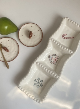 大厂订单 重工珠点浮雕陶瓷分格盘大号3格点心干果盘釉下彩手绘